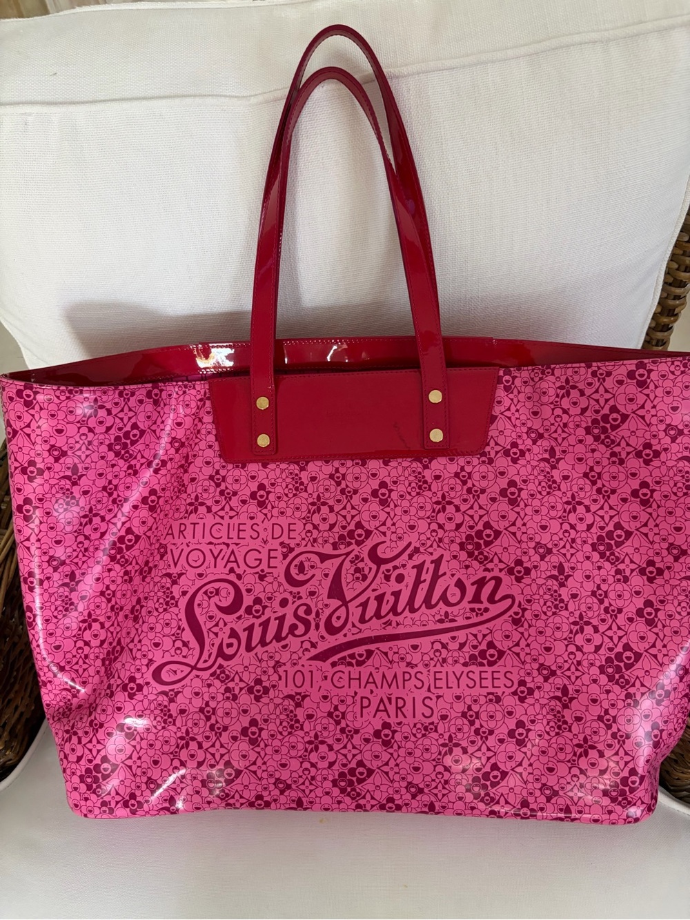Louis Vuitton Pink Monogram Tote with Red Patent Handles